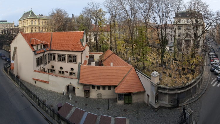 Aerial view of the Pinkas Synagogue and the tree-filled Old Jewish Cemetery in Prague