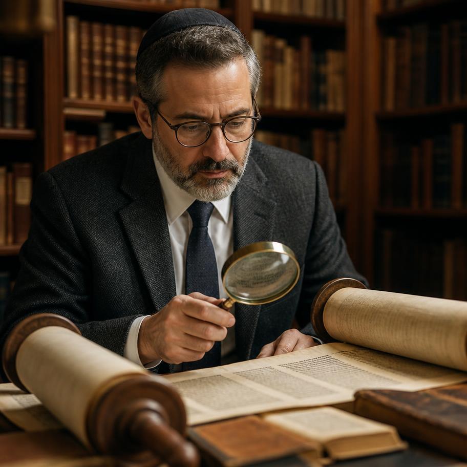 A scholar studying historic Jewish manuscripts with a magnifying glass