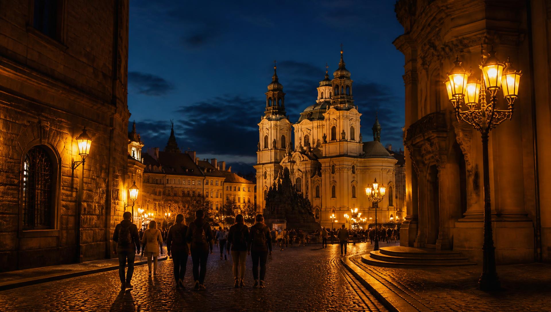 Historic central European city square at dusk