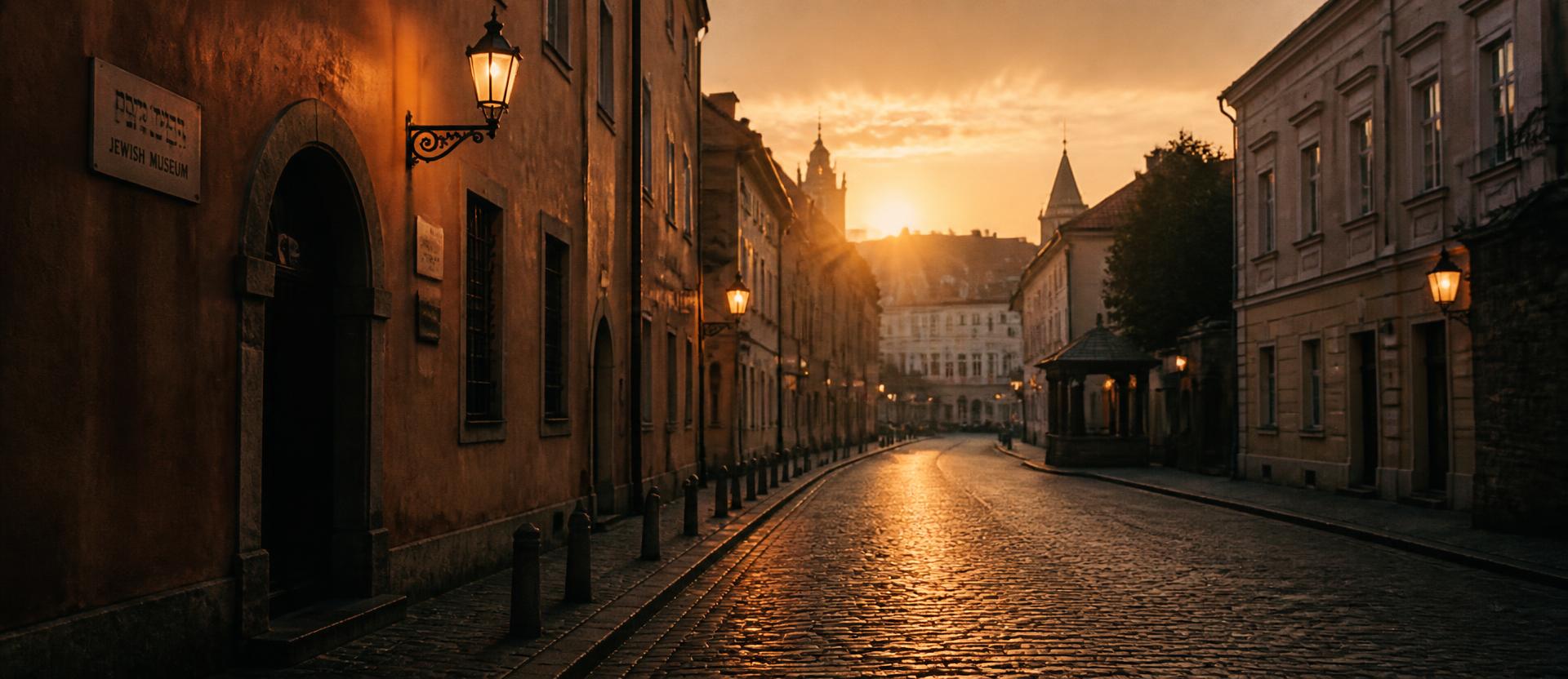 Lamplit cobblestone street in Prague's Josefov Jewish quarter at golden hour